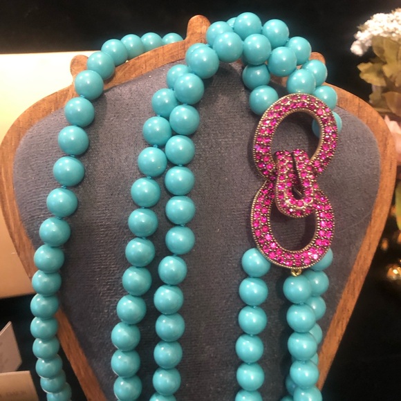NIB Heidi Daus Turquoise Multi-Strand Bead Necklace with Pink Swarovski Clasp - Picture 5 of 7